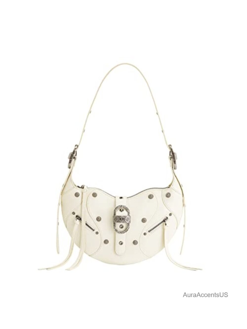 Vegan Leather Saddle Shoulder Bag with Detachable Strap Zip Closure